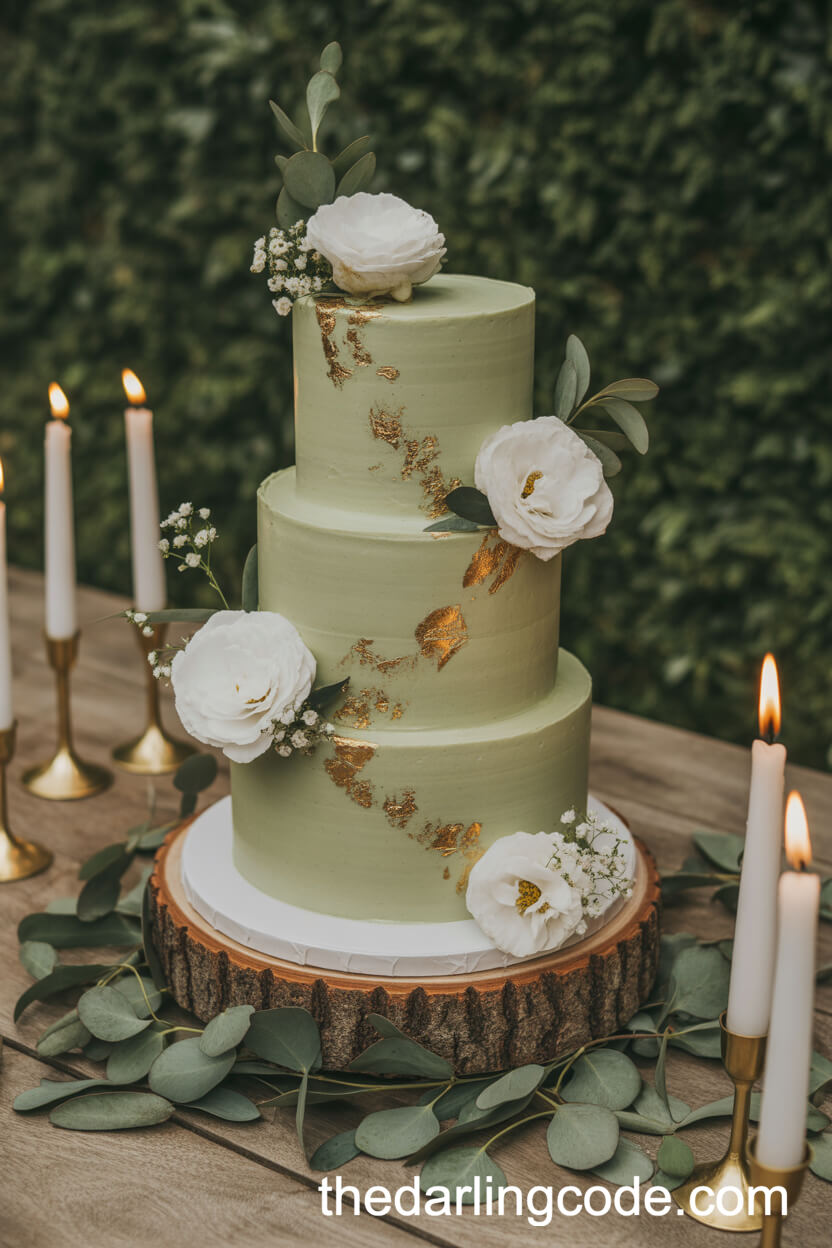 Sage Green Wedding Cake With Gold Accents