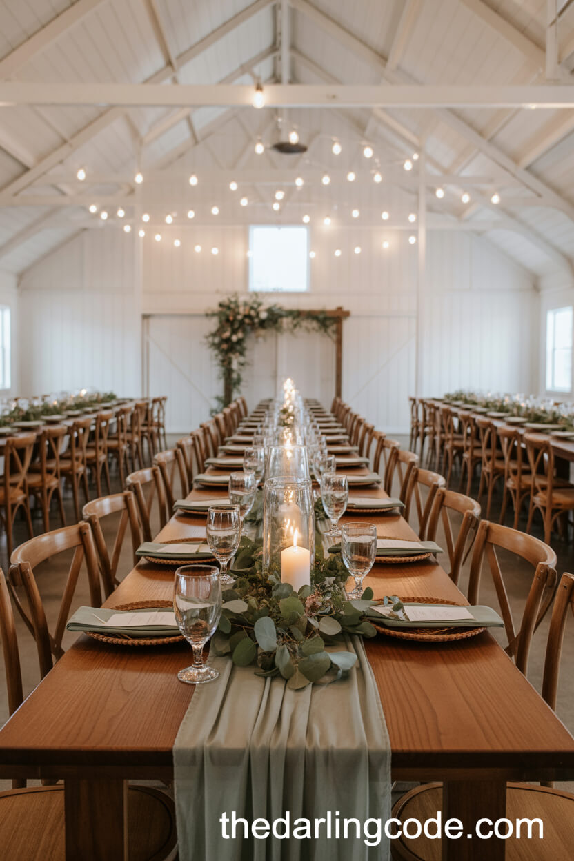 Barn Wedding Reception With Sage Green Accents