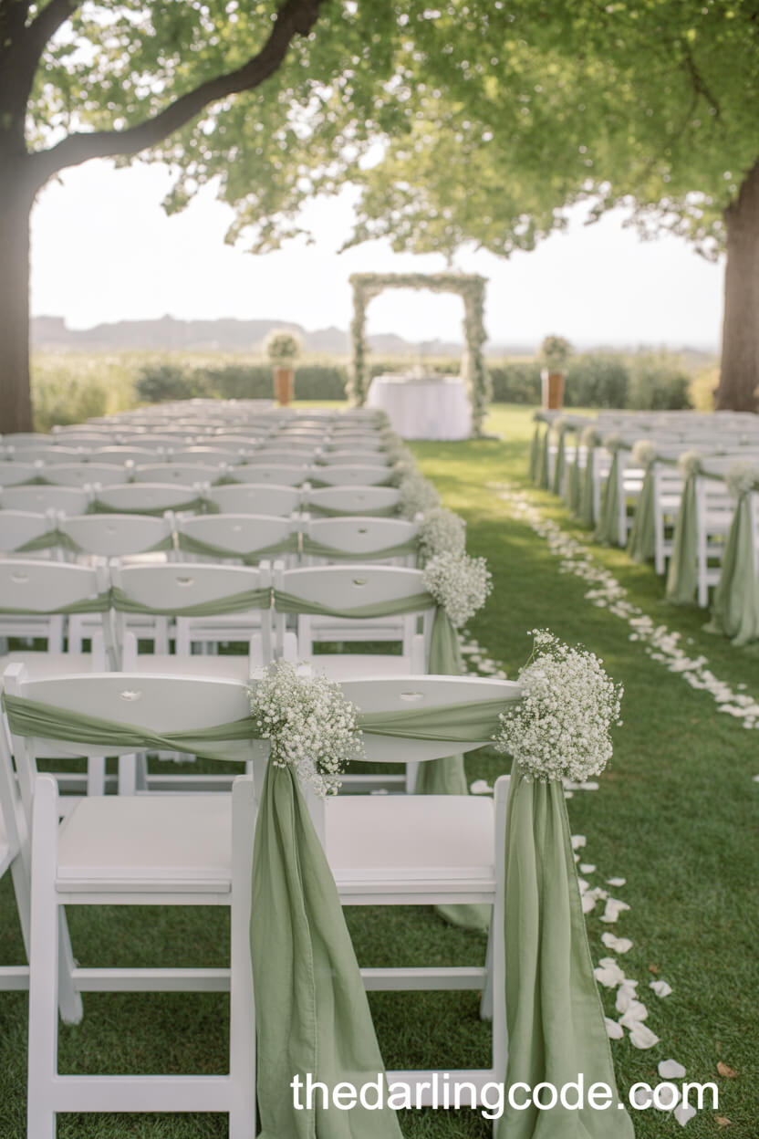 Wedding Aisle Decorated With Sage Green Ribbons