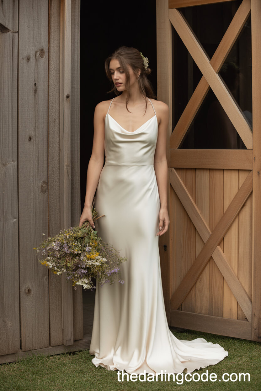 Satin Sheath Wedding Dress With Cowl Neckline And Delicate Straps