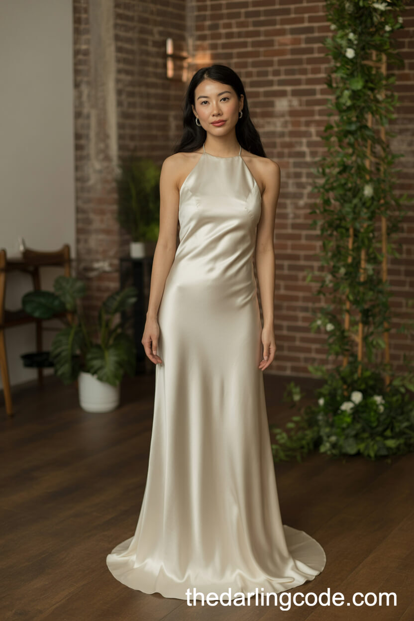 Satin Halter-Neck Wedding Gown With Keyhole Back