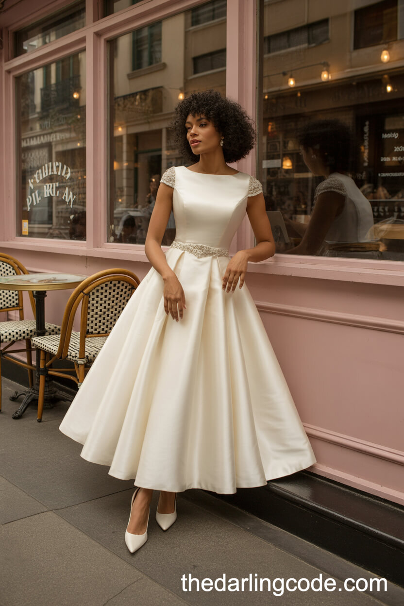 Satin Tea-Length Wedding Dress With Cap Sleeves And Beaded Waist