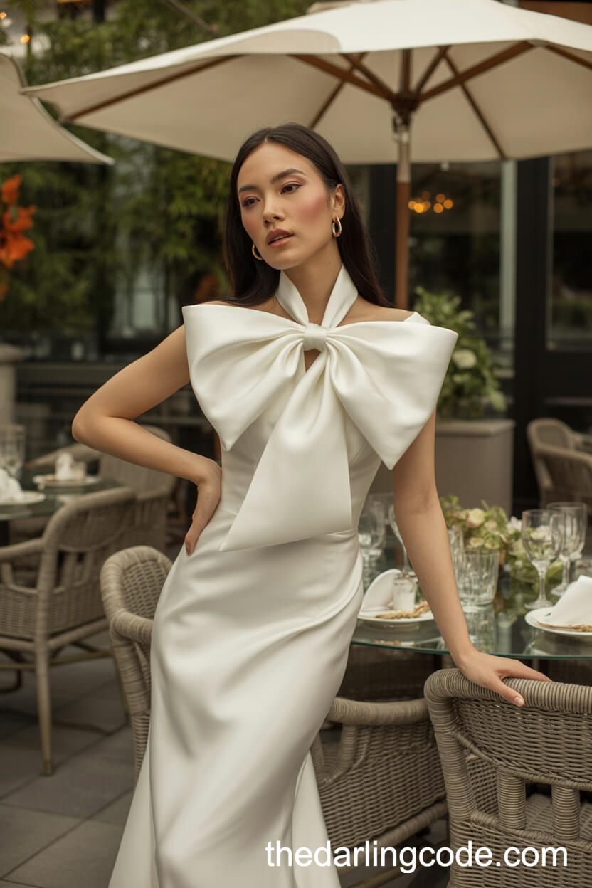 Satin Column Wedding Dress With Dramatic Neckline Bow