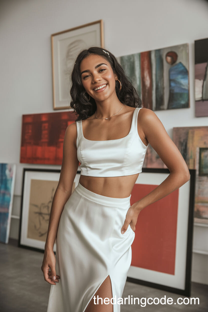 Chic Satin Two-Piece Bridal Set With Crop Top And High-Waisted Skirt