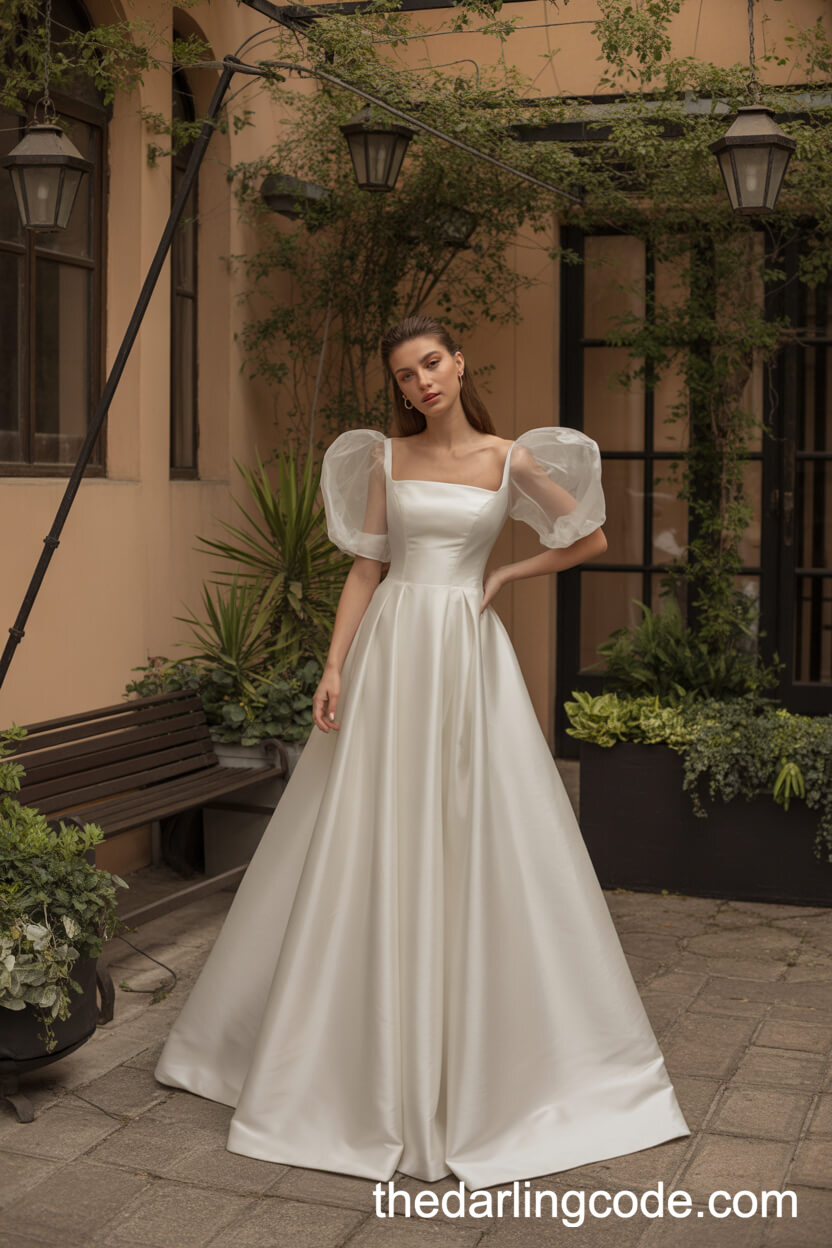 Satin Wedding Gown With Detachable Sheer Puff Sleeves And Drop Waist