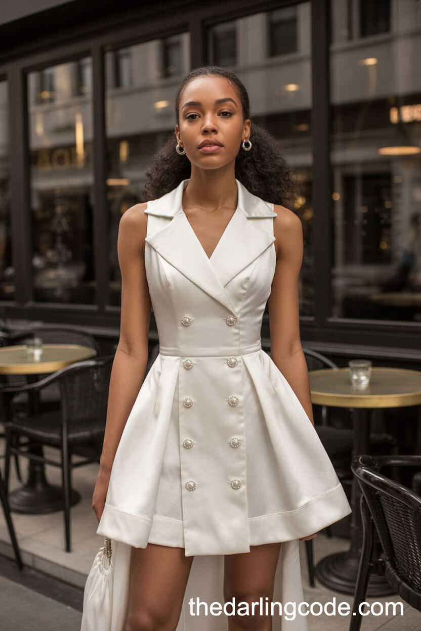 Satin Mini Wedding Dress With Detachable Train And Structured Shoulders