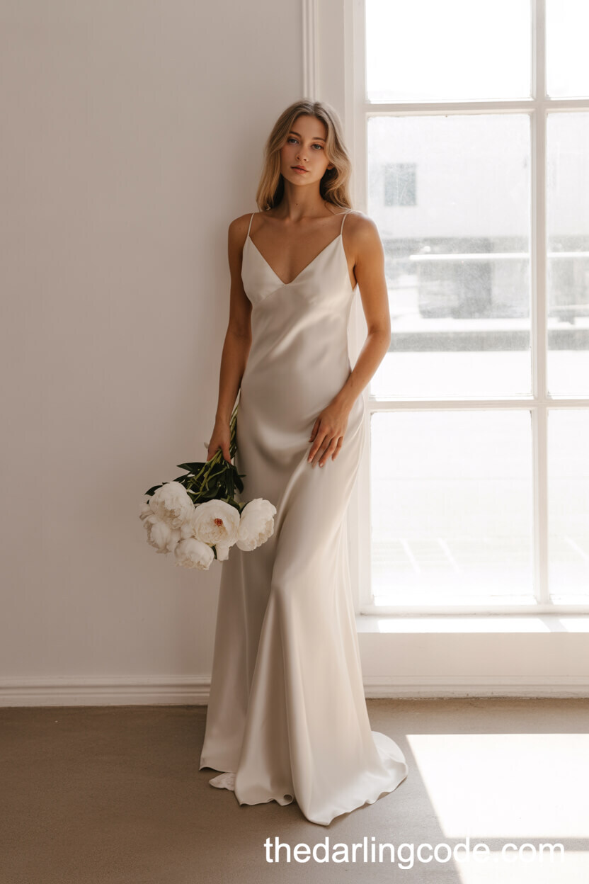 Minimalist Satin Slip Wedding Dress With Spaghetti Straps