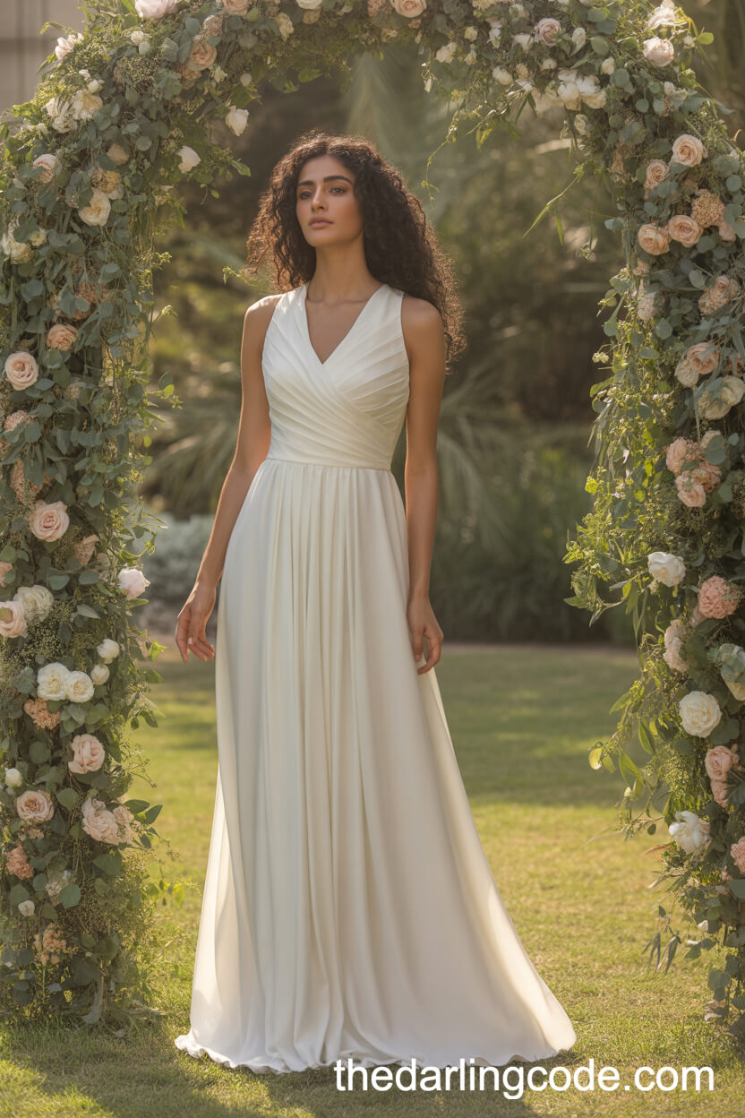 Draped Satin Wedding Gown with Illusion Neckline and Grecian Pleating