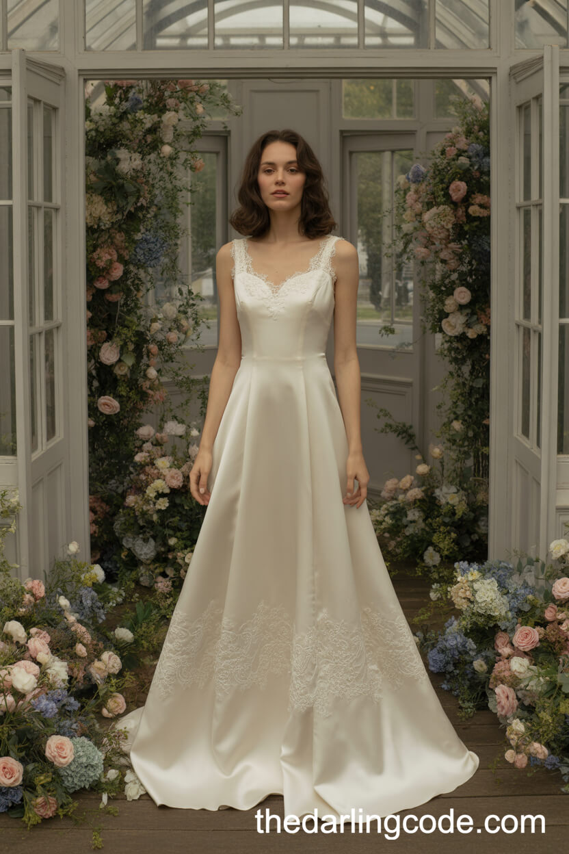 Satin Wedding Dress With Lace Appliqué Bodice And Hem