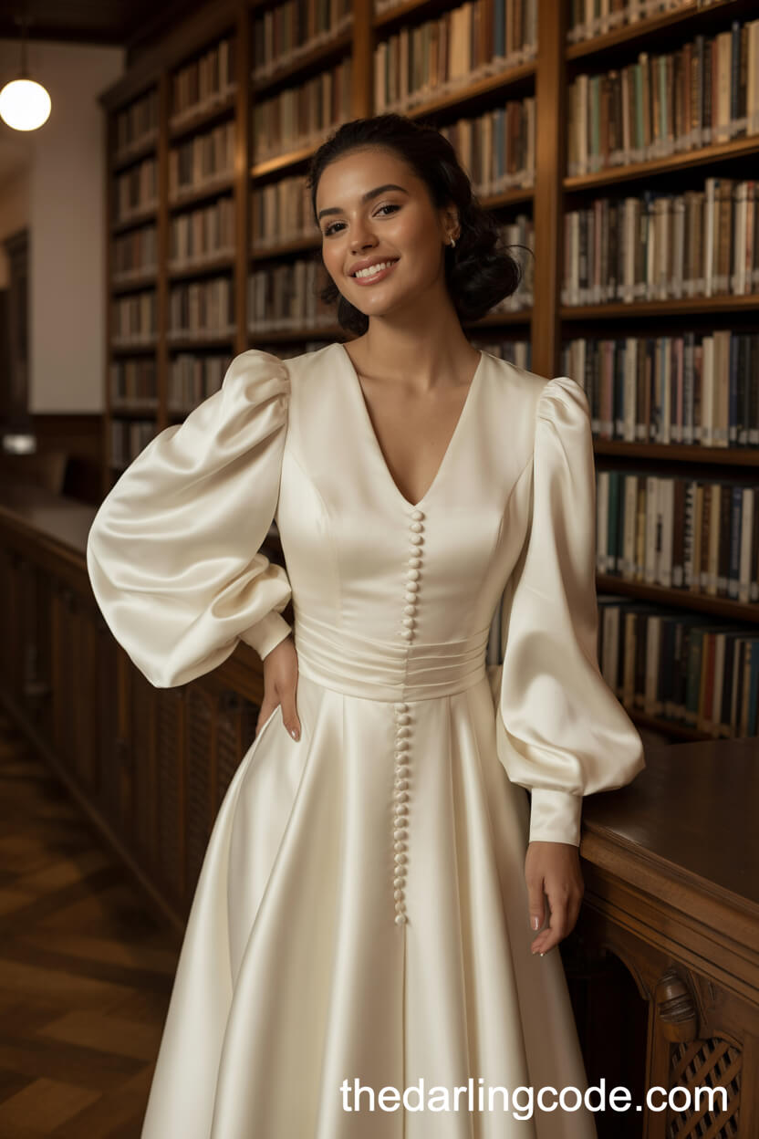 Vintage-Inspired Satin Wedding Dress With Bishop Sleeves