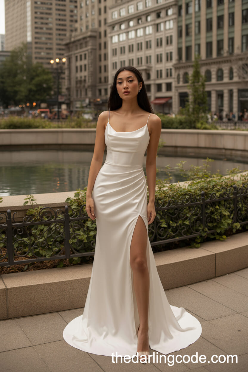Fitted Satin Wedding Dress With Spaghetti Straps And Thigh-High Slit