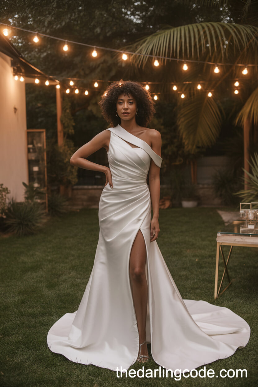 Asymmetrical Satin Wedding Gown With Ruched Detailing And Side Slit