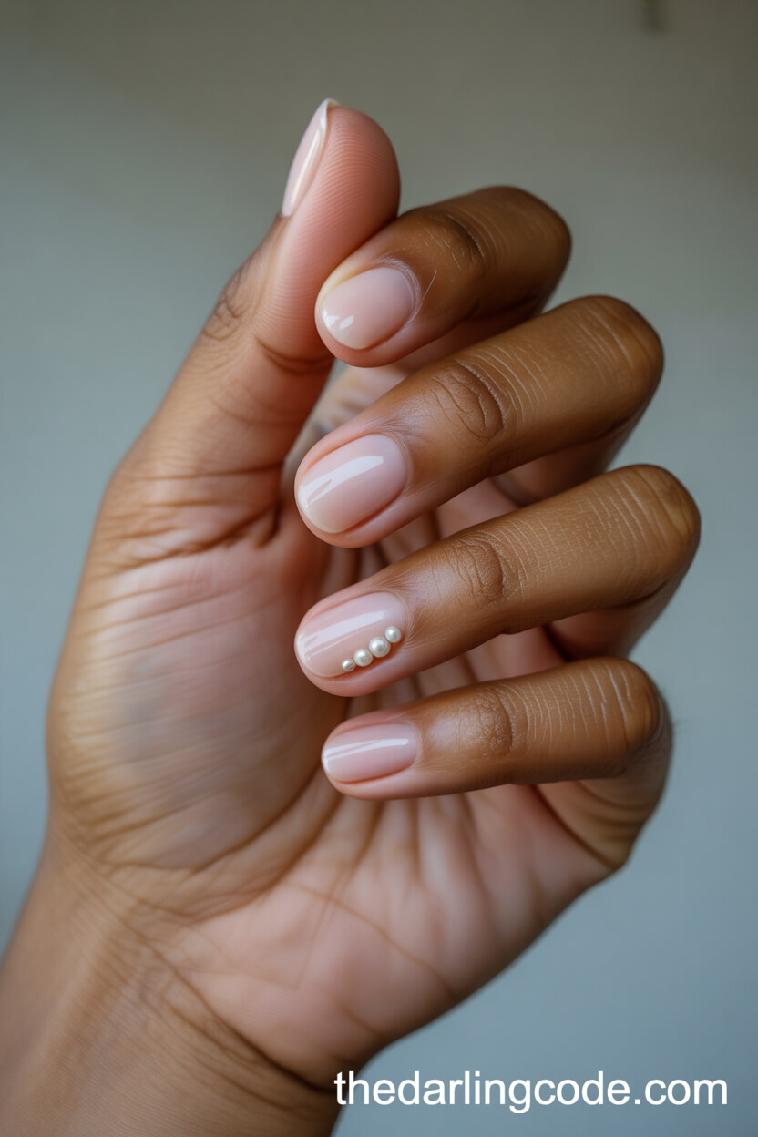 Short Blush Pink Nails With Pearl Accents