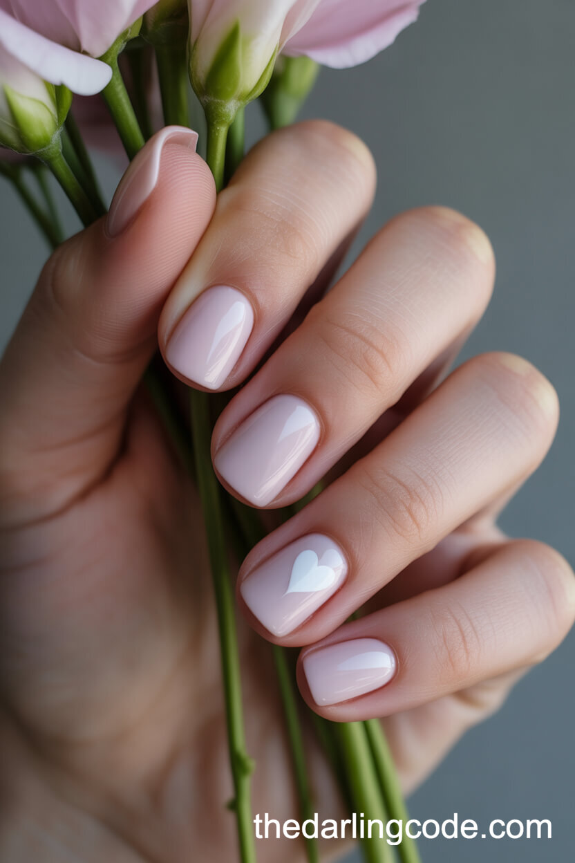 Pale Pink Short Square Nails With White Heart Accent