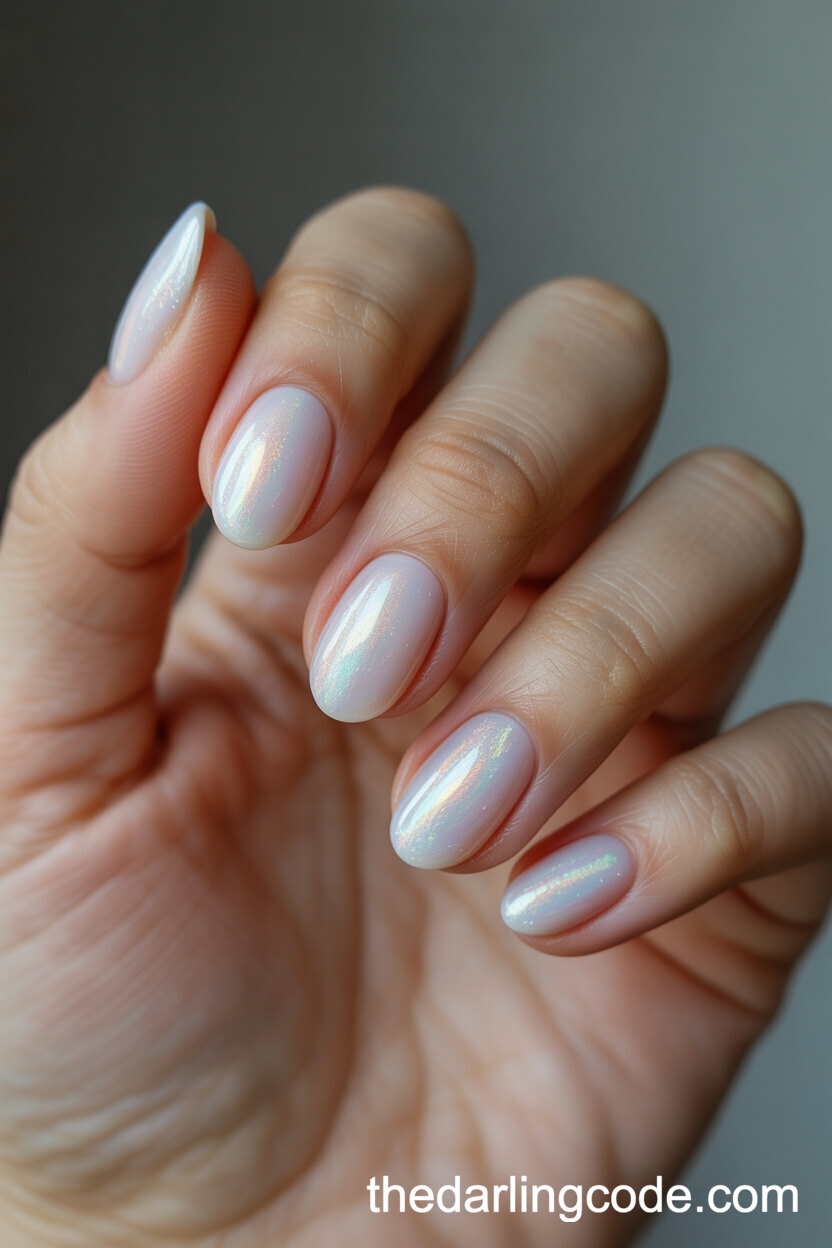 Iridescent White Shimmer On Short Oval Nails