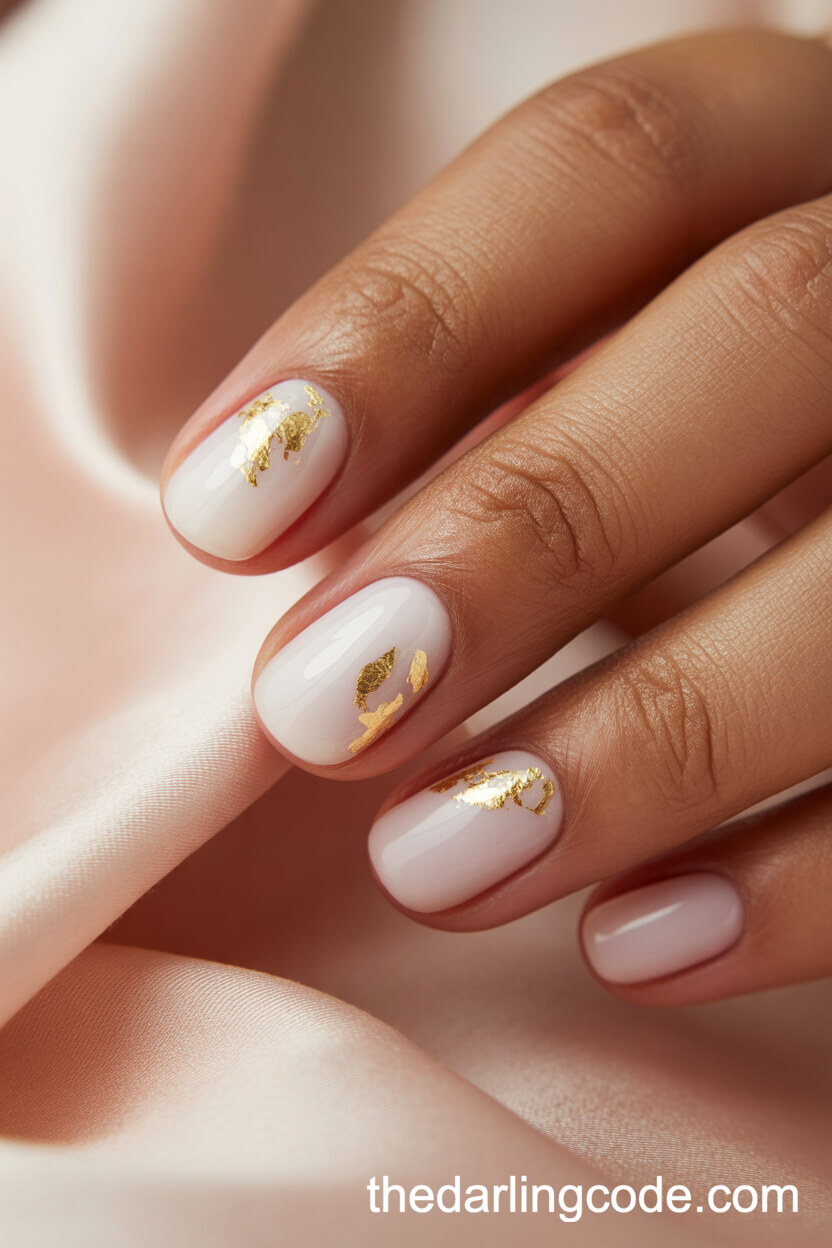 Milky Pink Short Rounded Nails With Gold Foil Accents