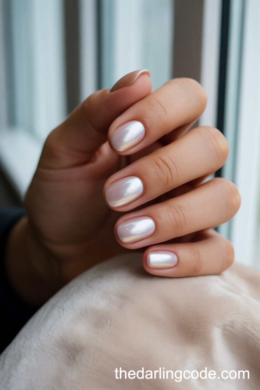 Pearlescent Chrome Finish On Oval Short Nails