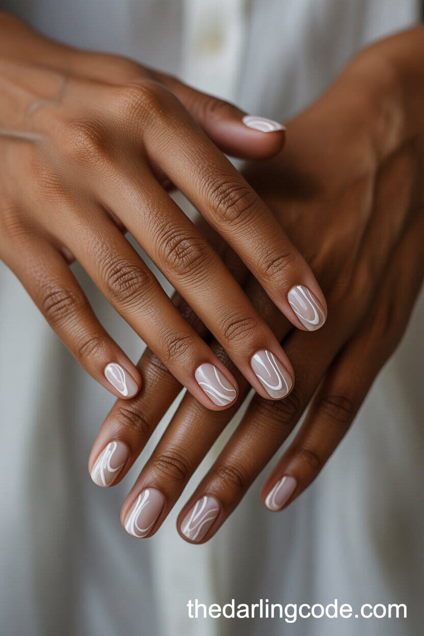 Nude Squoval Short Nails With White Abstract Swirl Lines