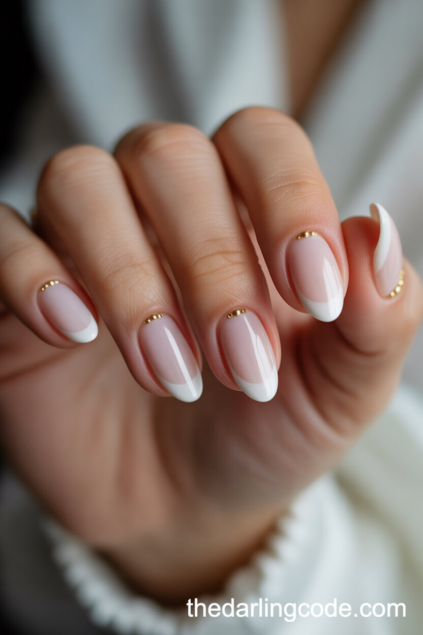 Sheer White Almond Short Nails With Gold Beads