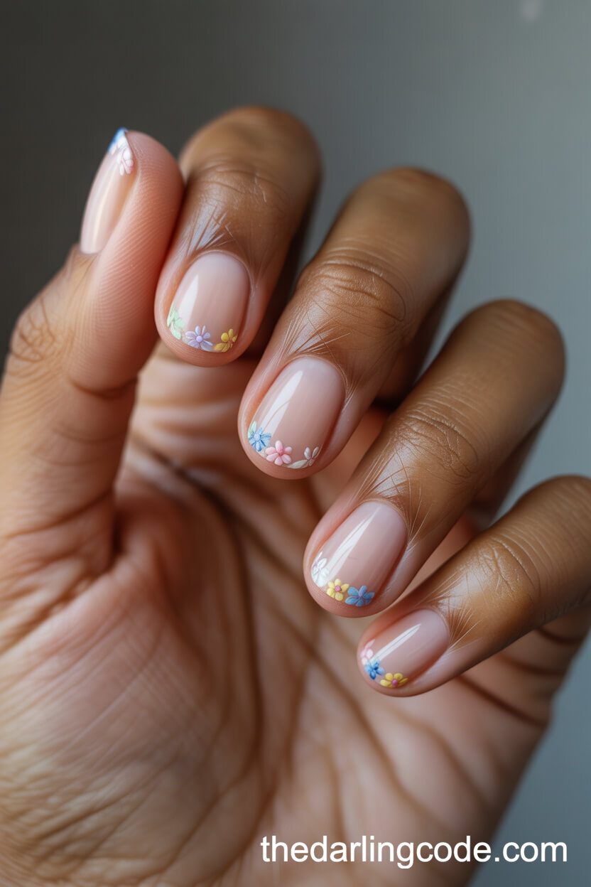 Clear Base Short Round Nails With Multicolor Floral Tips