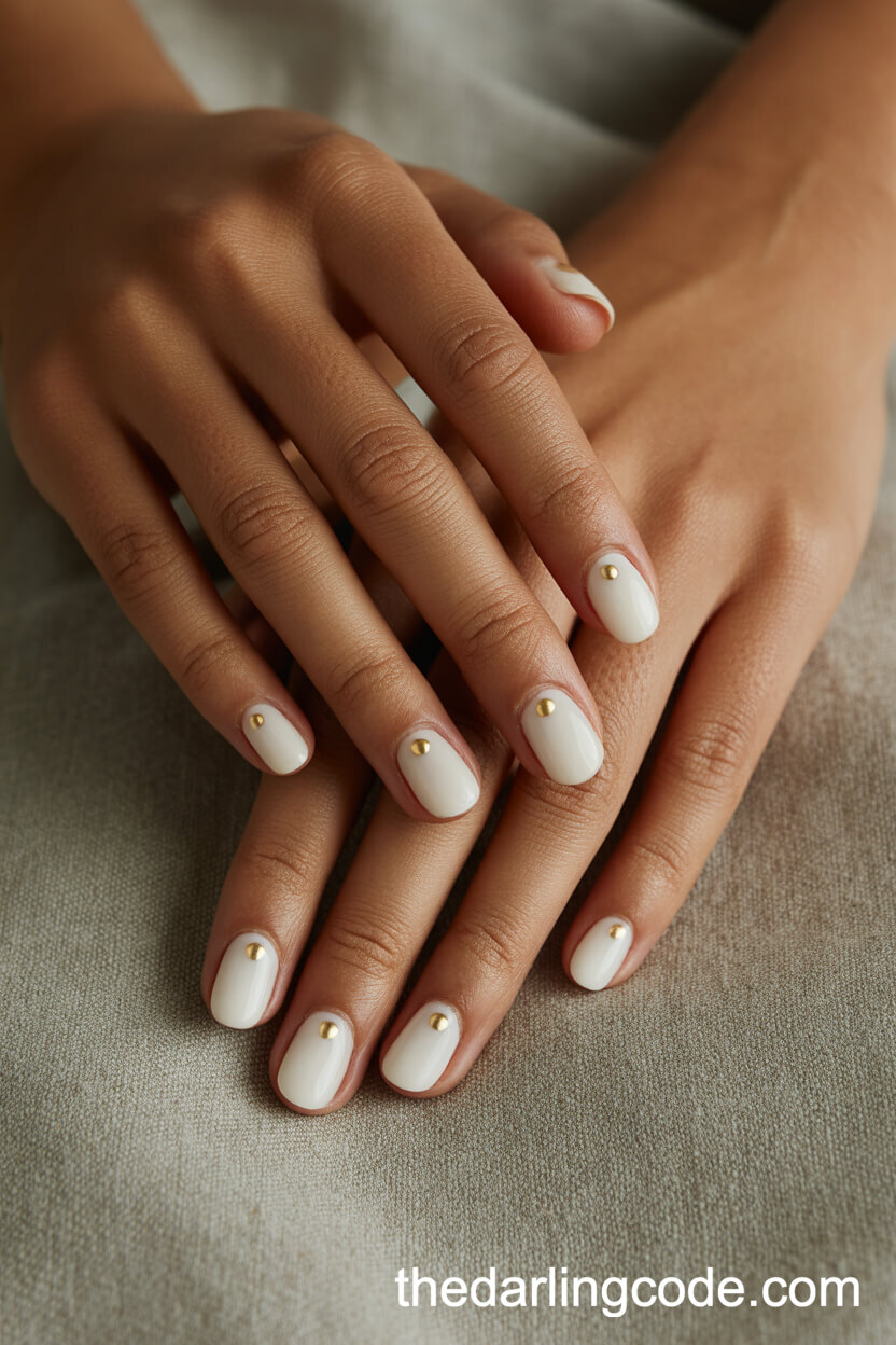 Milky White Oval Short Nails With Gold Dots