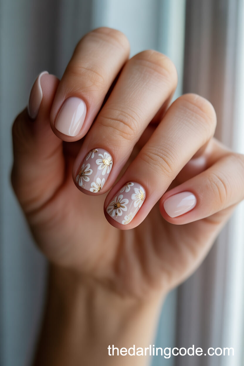 Nude Squoval Short Nails With White And Gold Floral Accents