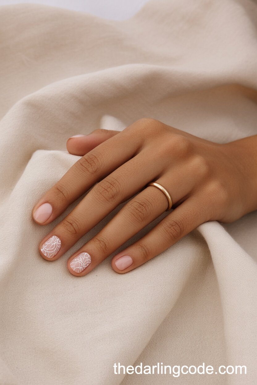 Short Rounded Nails With Lacy White Nail Art