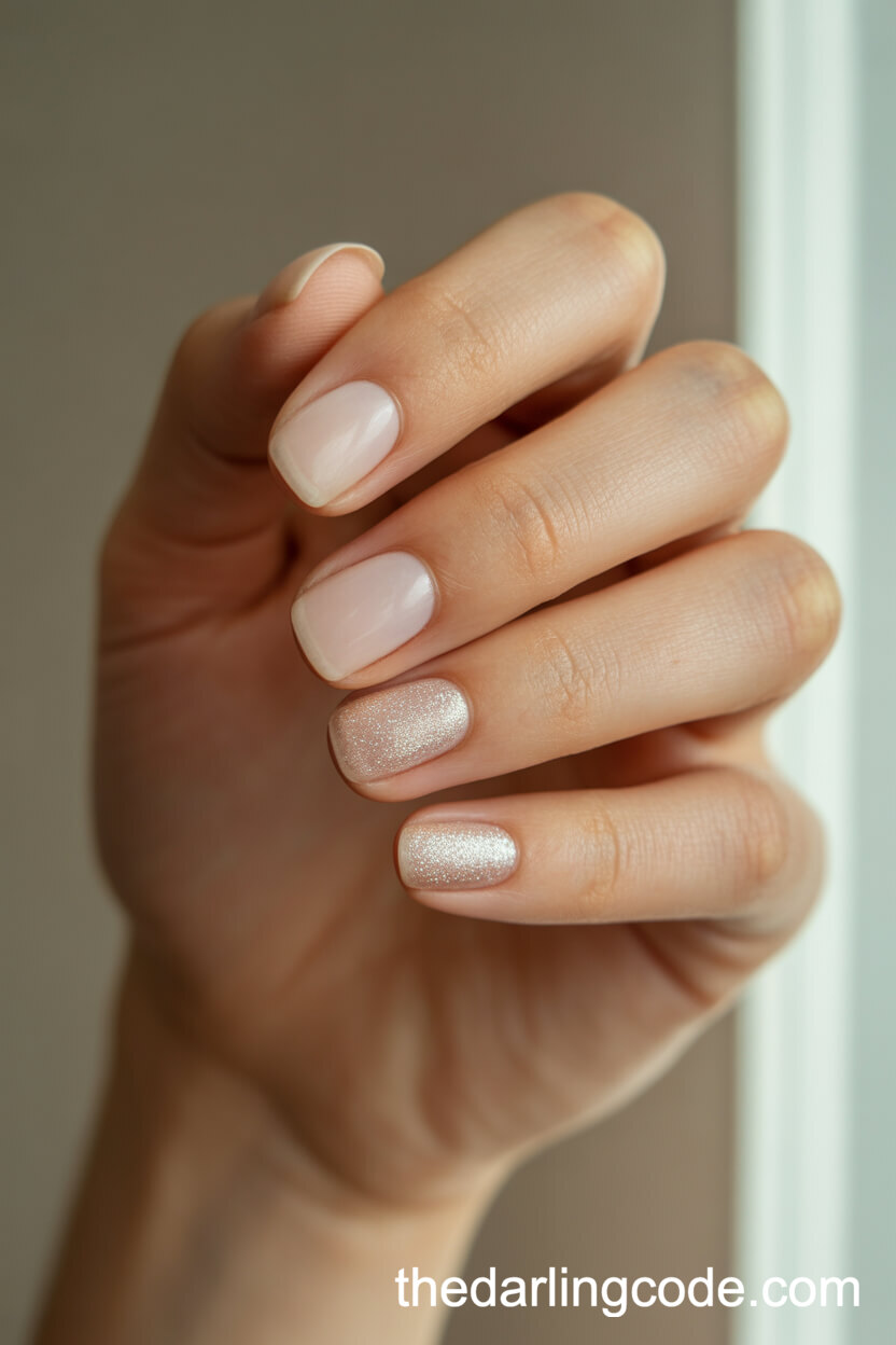 Sheer Pink Short Square Nails With Silver Glitter Accent