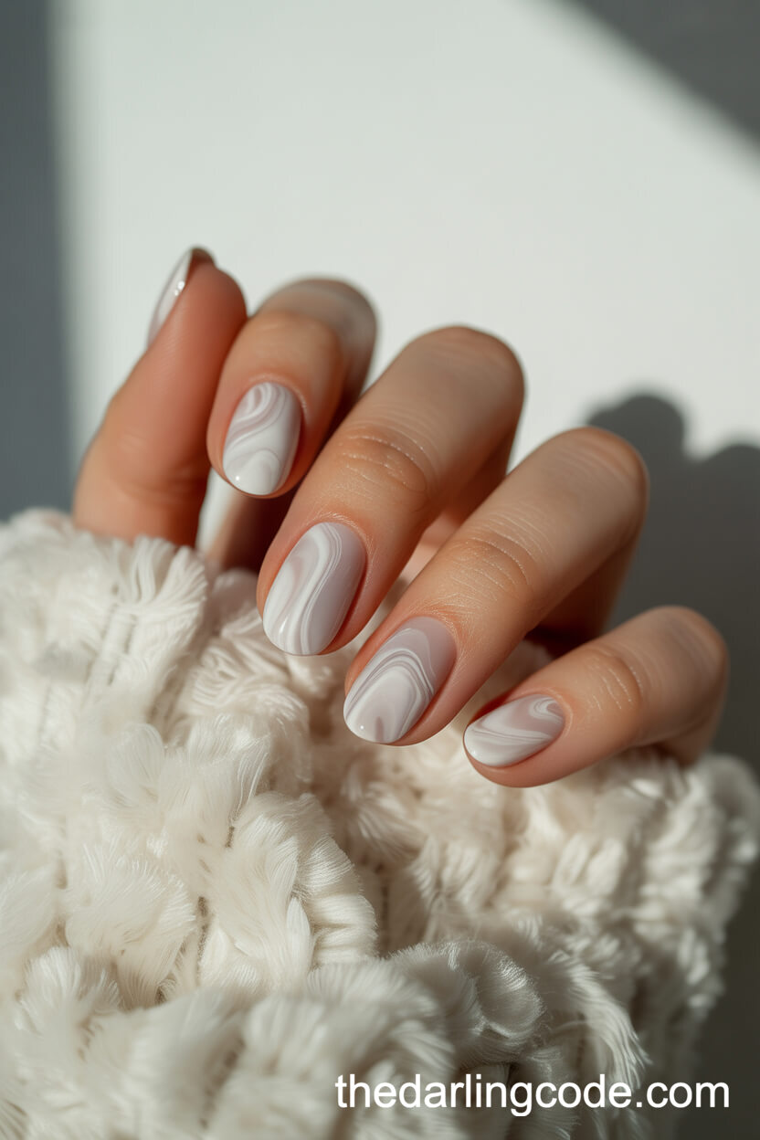 White Marble Effect On Short Oval Nails
