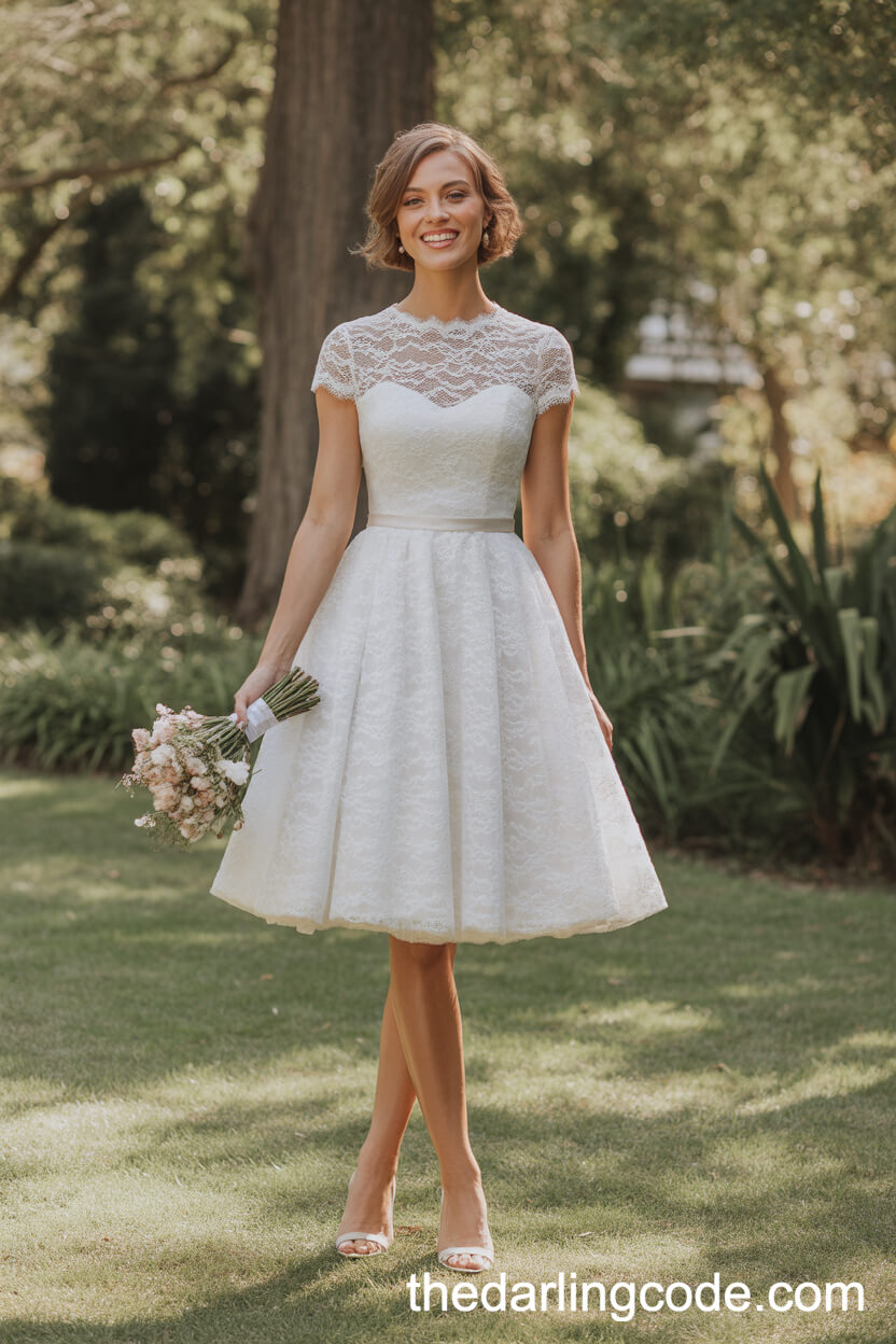 Classic Short White Lace Wedding Dress With Cap Sleeves