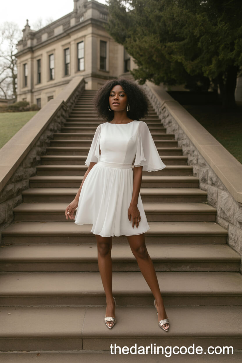 Short Chiffon Overlay Wedding Dress With Cape Sleeves