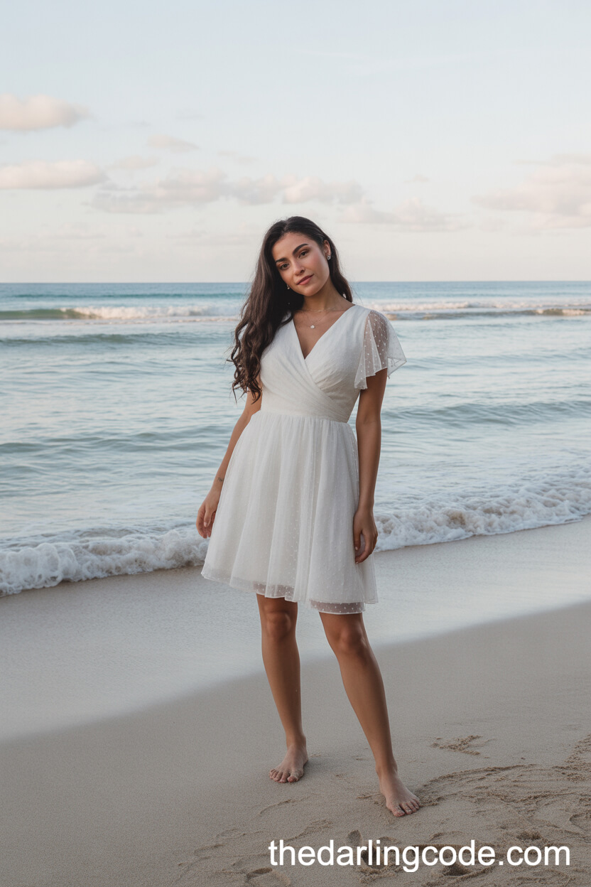 Simple Short Beach Wedding Dress With Flutter Sleeves