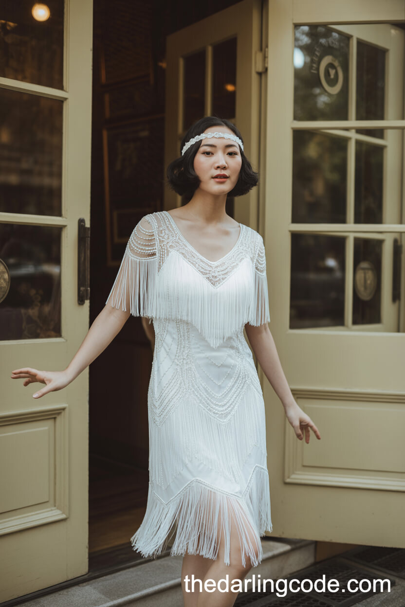 1920s-Inspired Short White Wedding Dress With Fringe