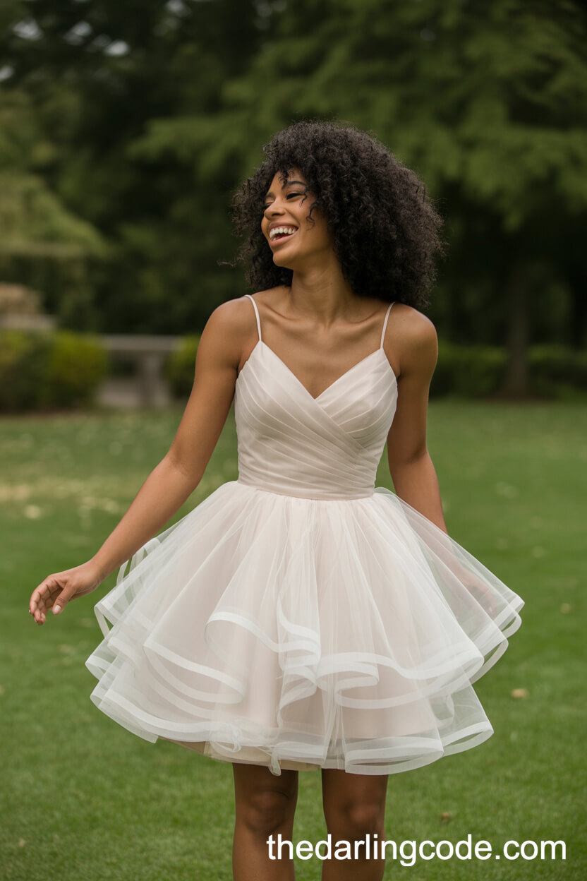 Layered White Tulle Wedding Dress With Thin Straps
