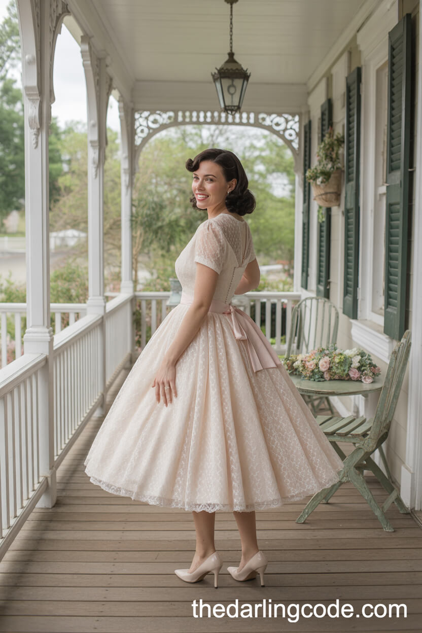 Retro 1950s-Style Tea-Length Wedding Dress With Petticoat