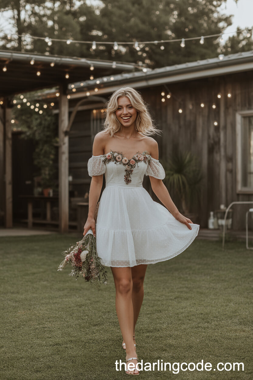Boho-Chic Off-Shoulder Short Wedding Dress With Floral Details