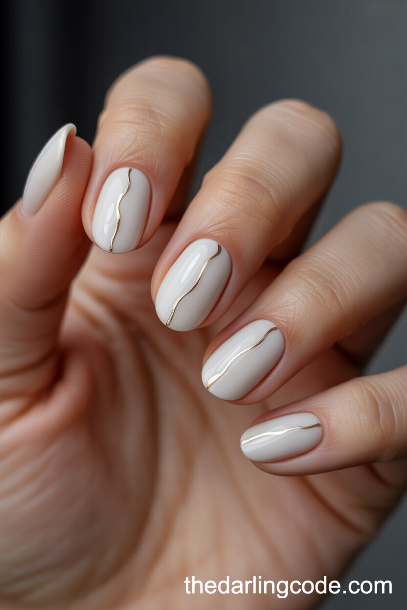 Matte Ivory Oval Nails With Gold Lines