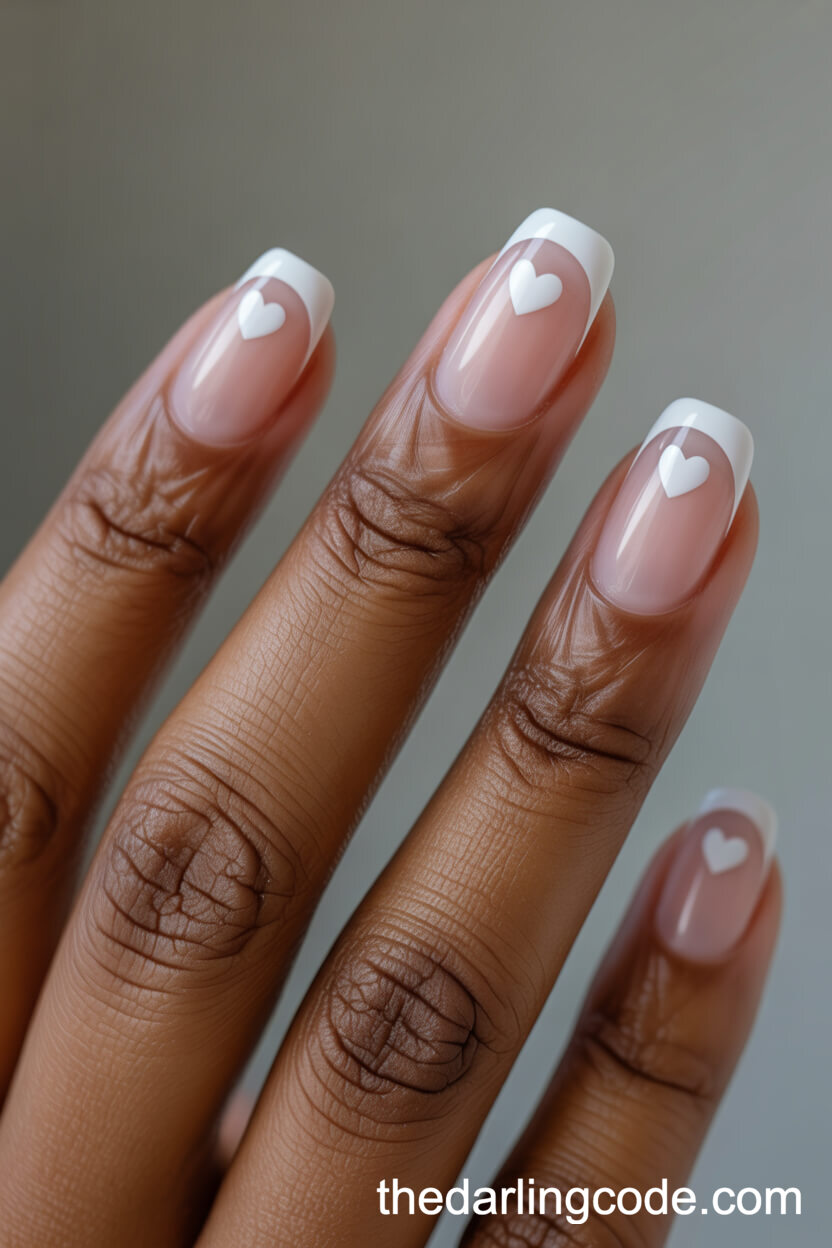 Nude Nails With White Heart Tips
