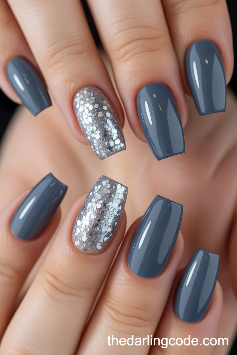 Dusty Blue Coffin Nails With Silver Glitter Accent