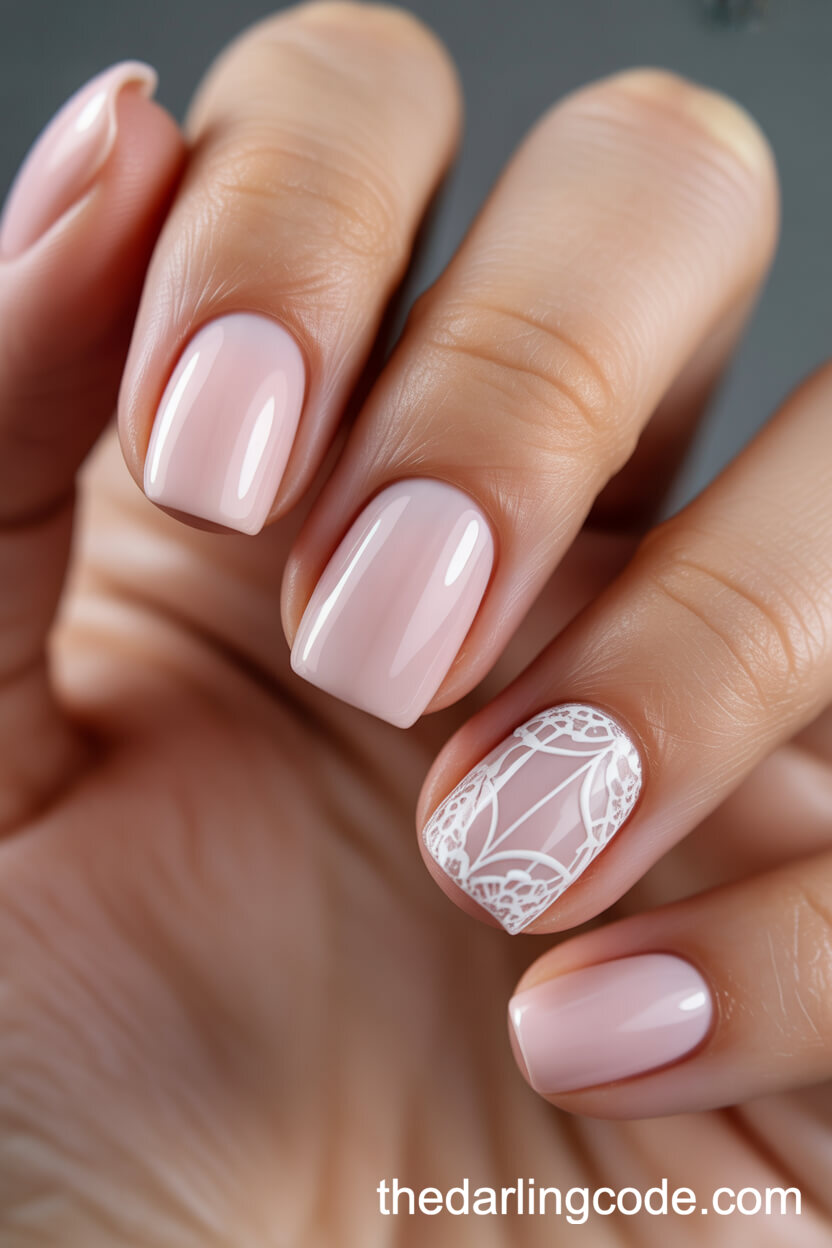 Pale Pink Square Nails With White Lace Detail