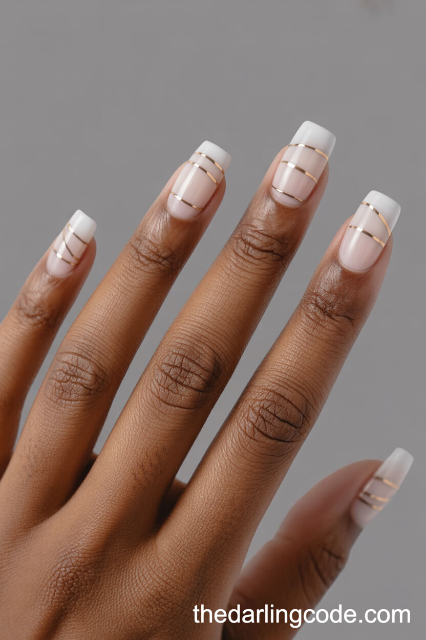 Off-White Square Nails With Geometric Gold Lines