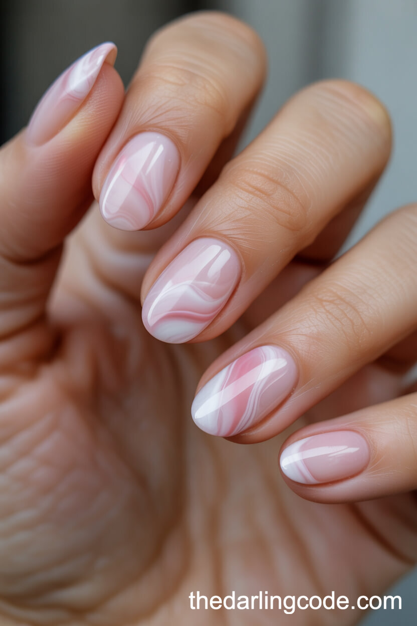 Pink And White Marble Oval Nails