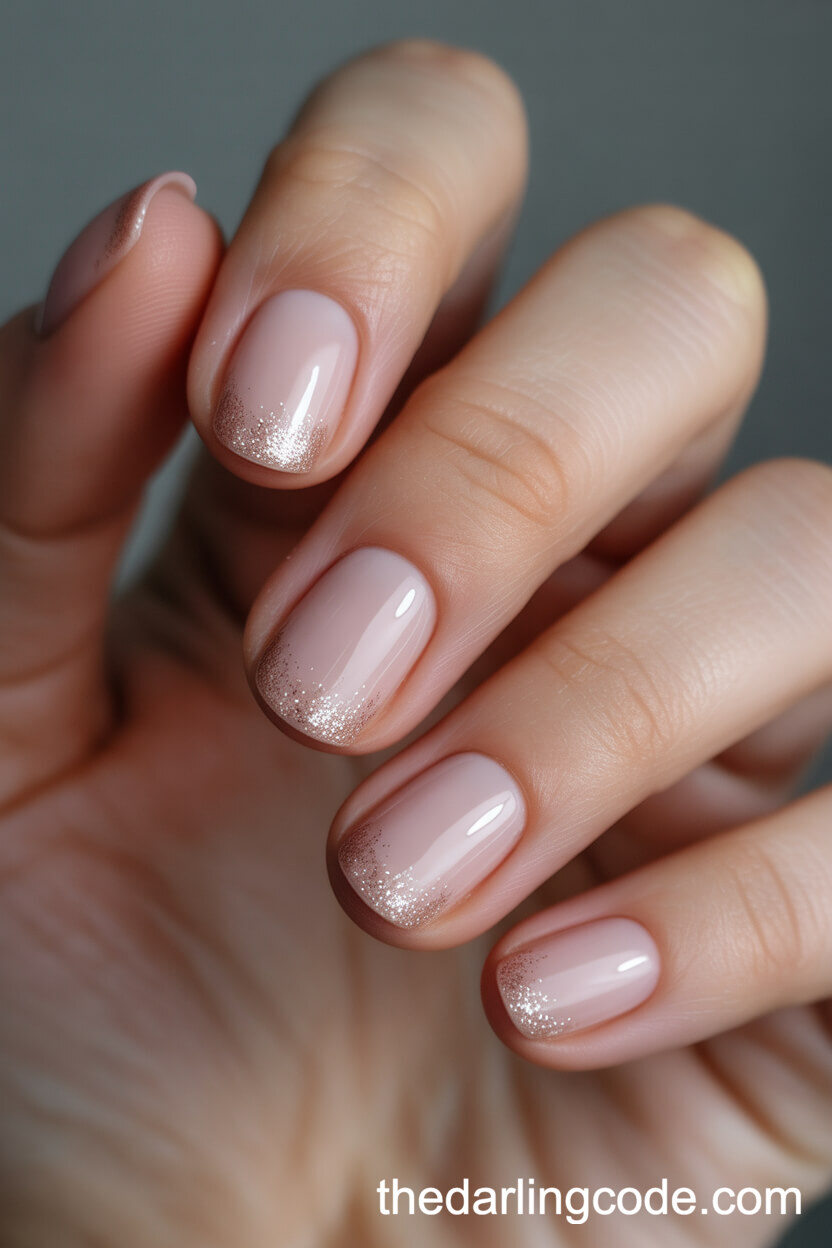 Pinky Nude Round Nails With Champagne Glitter Tips