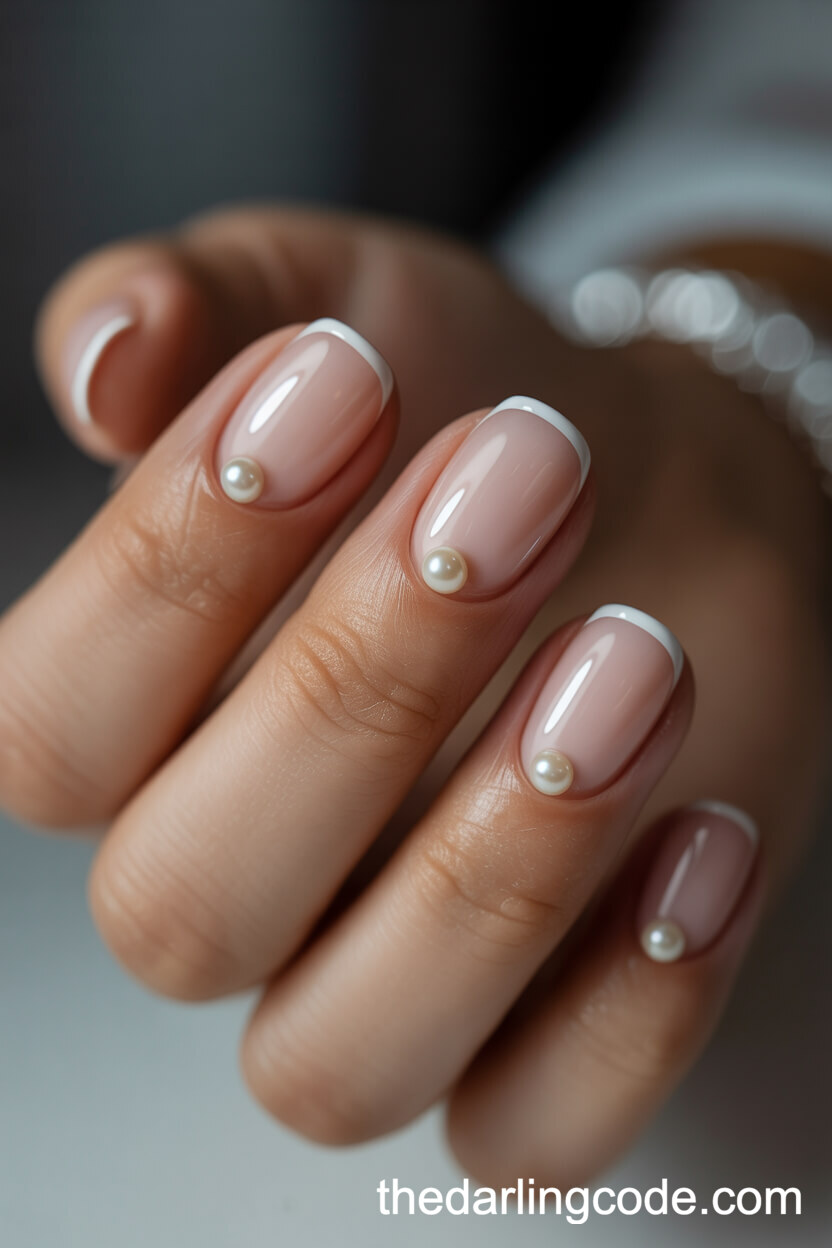 Nude Rounded Nails With Pearl Detailing