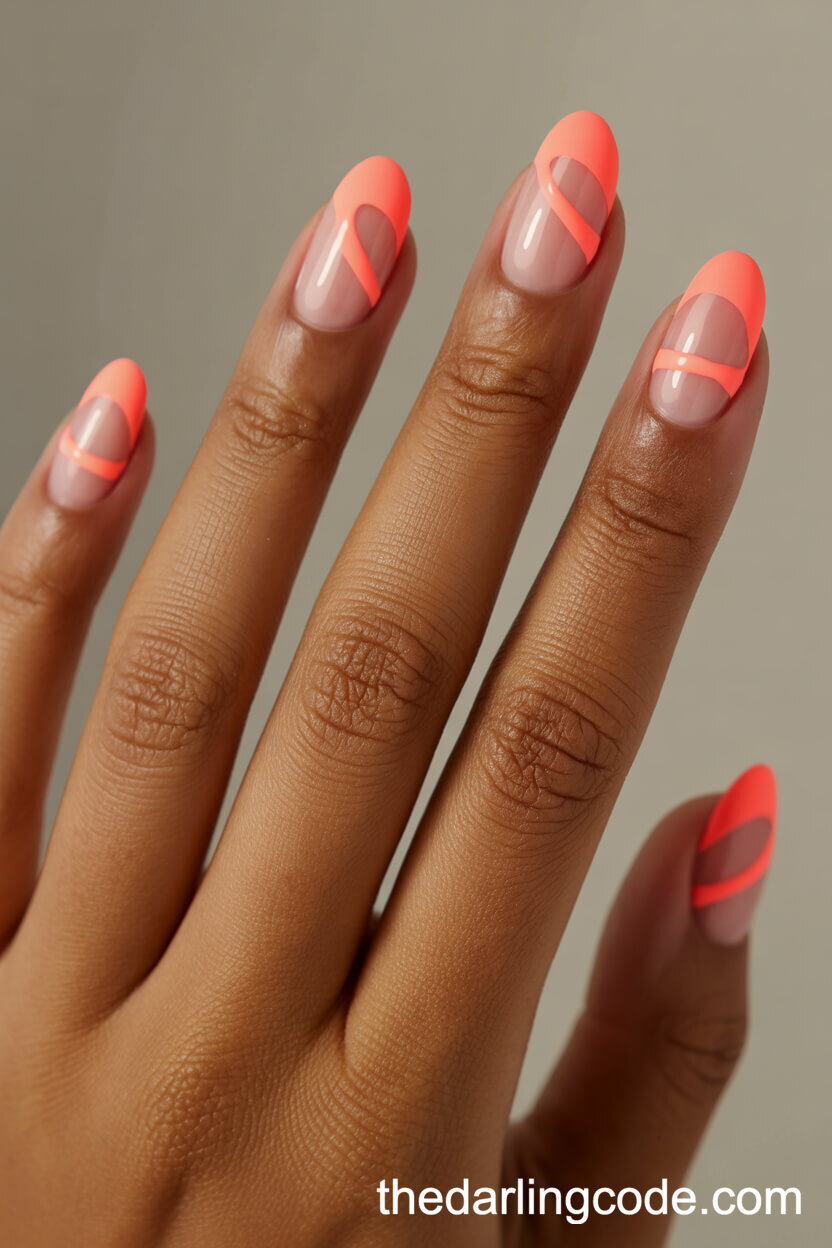 Soft Coral Oval Nails With Negative Space Stripes