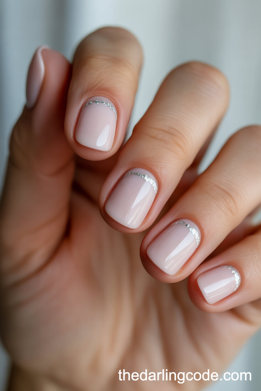Baby Pink Rounded Nails With Silver Glitter Cuticle Lines
