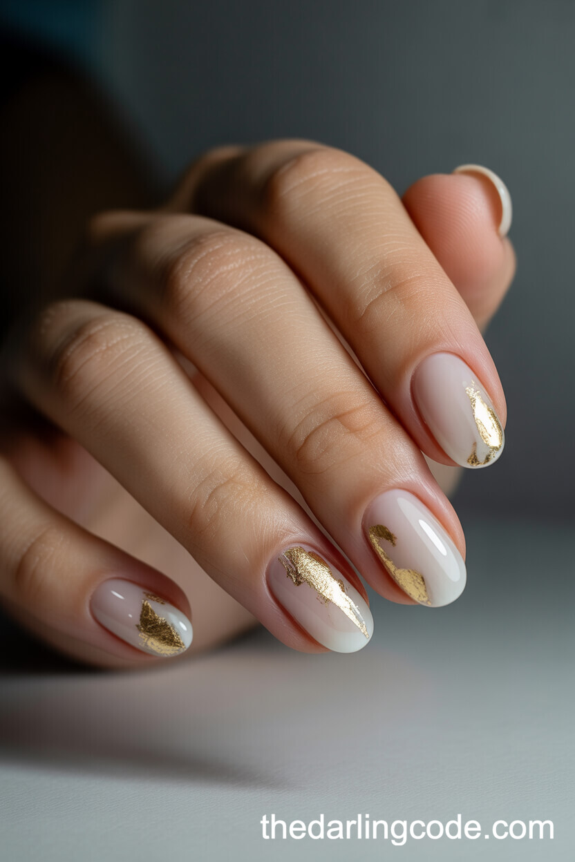 Milky White Oval Nails With Gold Foil