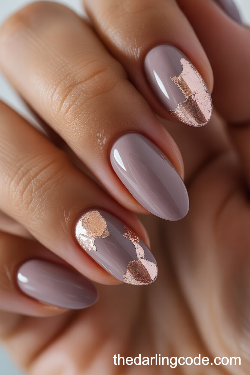 Mauve Almond Nails With Rose Gold Foil