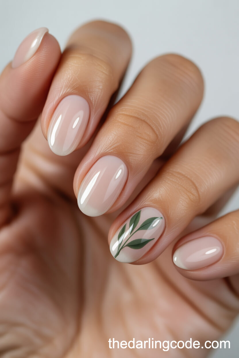 Beige Oval Nails With Green Leaf Accents
