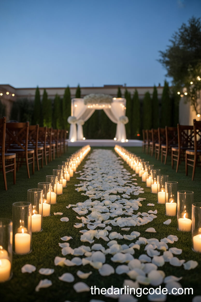 Romantic Candlelit Pathway Leading To A Wedding Ceremony Arch